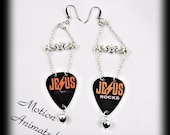 Jesus Rocks Guitar Pick Earrings - Motion Animated /  Crystal Beads / Winged Star / Black - Unique Jewelry for a Unique You