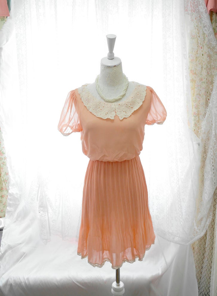 Romantic Preppy Lace Peter Pan Collar Baby Pink Blush Pleated Chiffon Dress Women Sundress Lace Trim gown