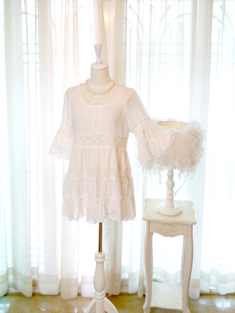 Pure Angel White Lace Eyelet Cotton Dress - Woodland Princess Handmade Tiered Bell Sleeves