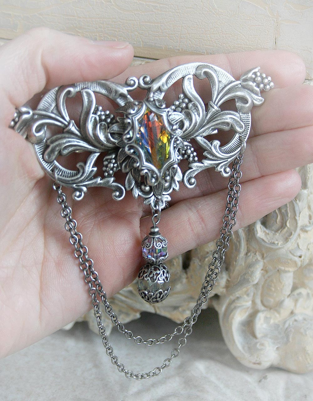 CRYSTAL VISION Victorian hair clip, bridal hair clip in aged silver with Swarovski crystal, free gift box