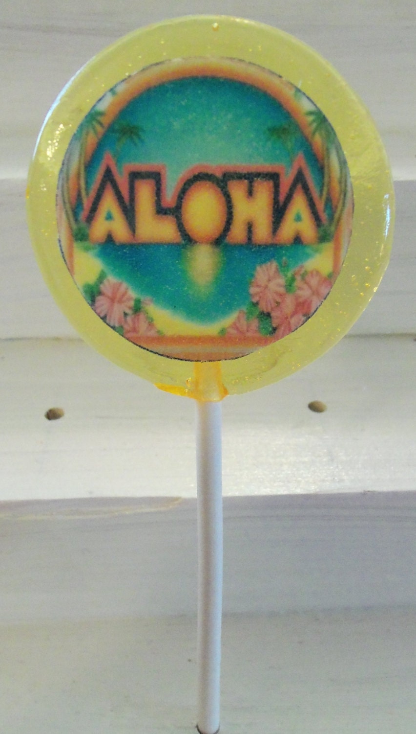12 Handmade Gourmet Candy Lollipops with Hawaiian / Aloha / Luau Style Edible Images  / Very Unique