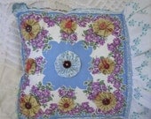 Handkerchief Pillow Vintage Fabric Handmade Powder Blue Lavender Vintage Buttons Floral Bedroom Living room Cushion