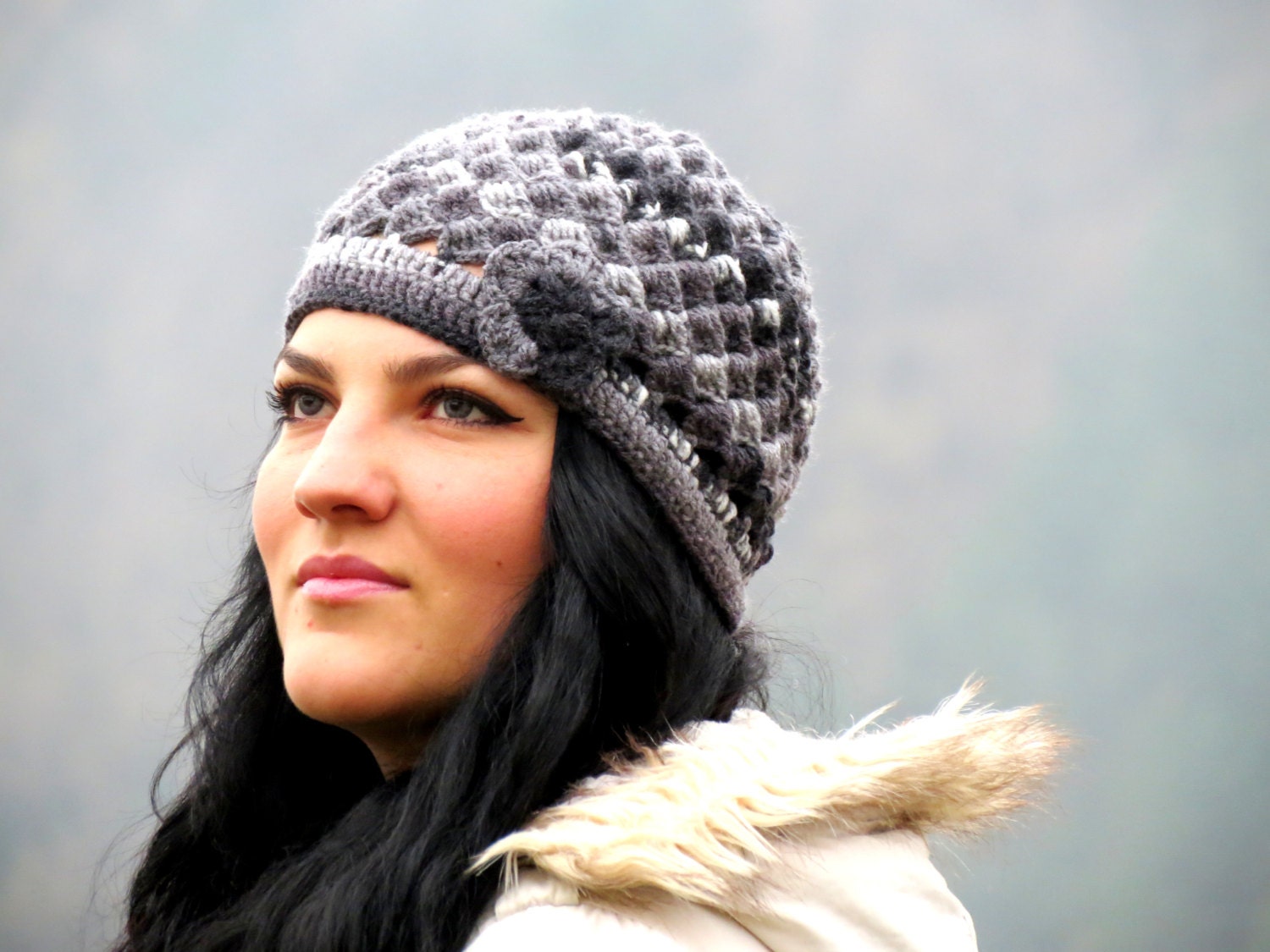 head accessories,Women Hat,Gray with flower. Flower Hat. Crochet Winter Hat Beret. Knit Hat for Women, Winter Knit beret,
