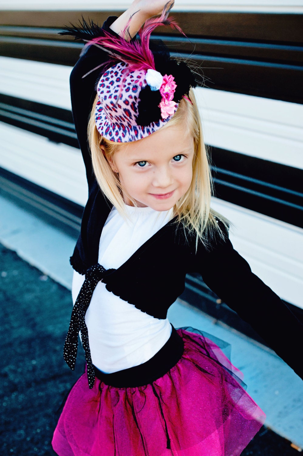 Pink Leopard Luxe Top Hat, Pink Leopard Fascinator, ostrich feathers, black ostrich plume, satin rosettes,