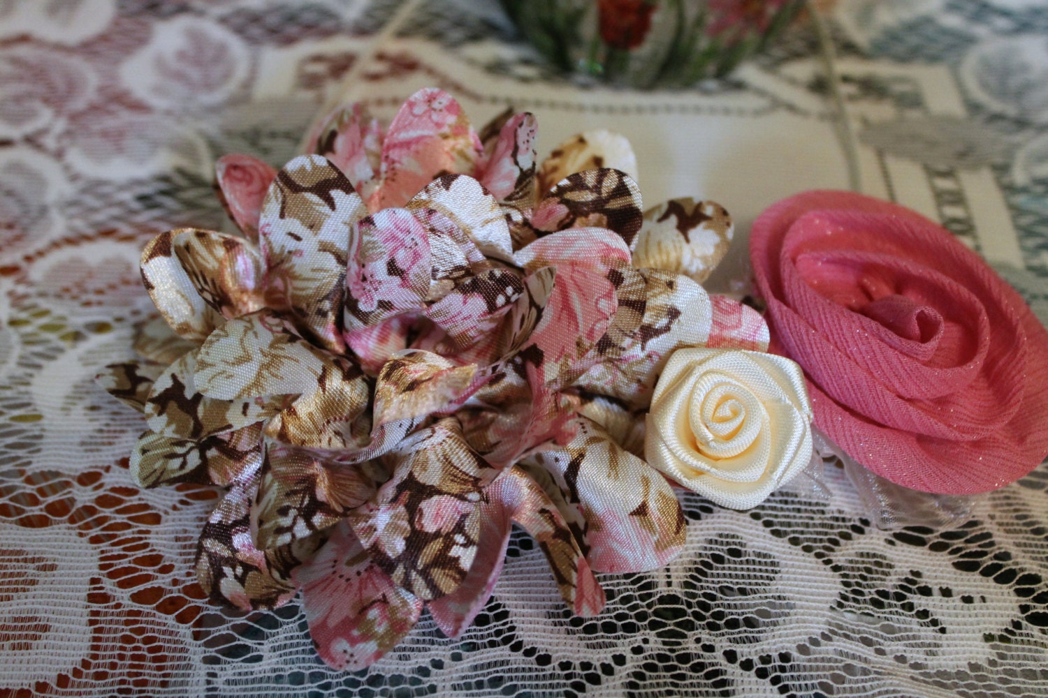 hair accessory-headband-mauve pink, brown large 4.5" satin shabby flower with-pink and ivory rosettes on ivory headband
