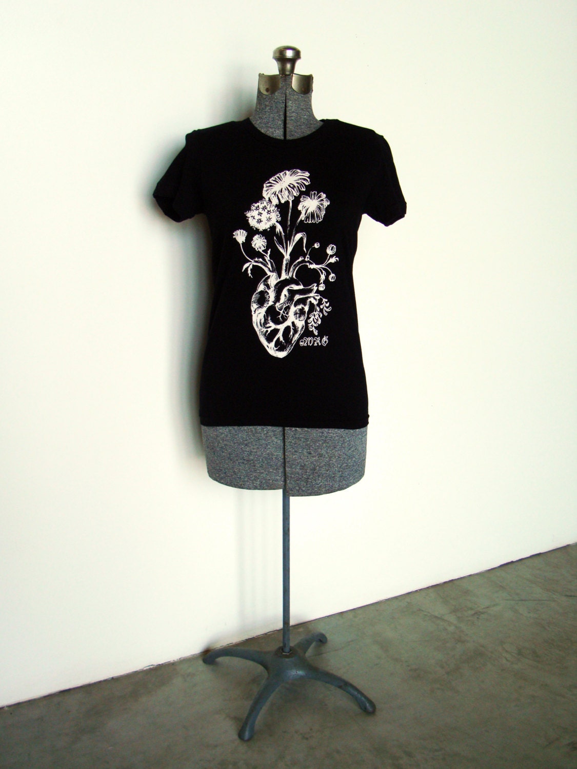 Women's TEE of original ILLUSTRATION "Blooming Heart" white on black-- unique and wearable art
