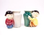 Royal Copley Planters Asian Vase Figurines Art Pottery School Boy School Girl Kanji Writing