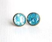 Aqua Earrings, Green Glitter Post Earrings, Small Resin Earrings, Sparkle Earrings