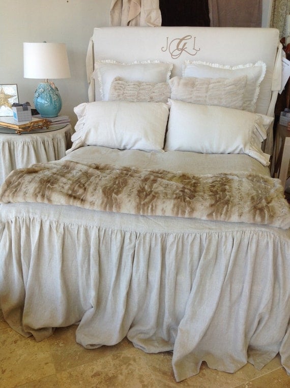 Ruffled Bedspread in Light Natural Linen Queen Size by ldlinens