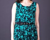 80s Vintage Cherry Blossom Floral Print Dress in Teal & Black