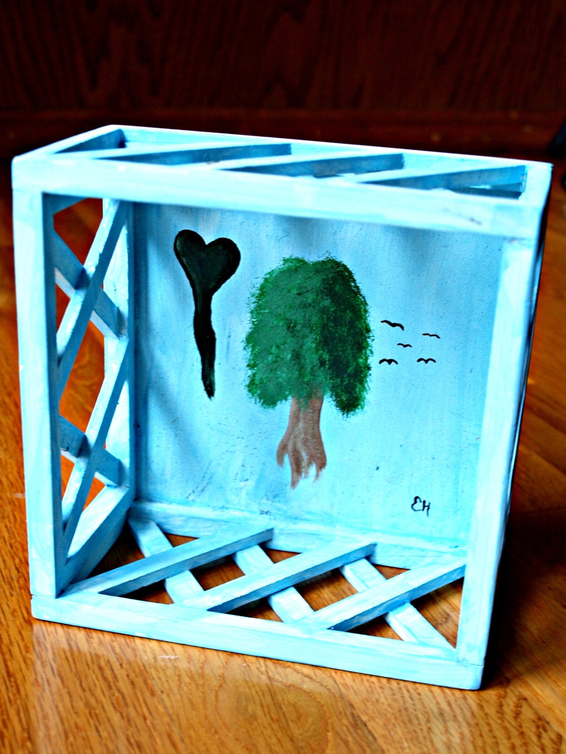 Handpainted Floating Tree and Heart Love Scene 3D Box Wall or Table Art - Recycled, Reused, Upcycled, Sustainable
