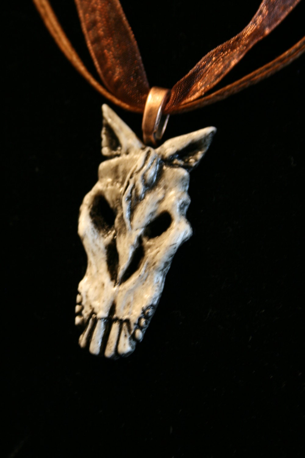 Zombie Horse Skull Pendant - Ash white with copper-tone necklace