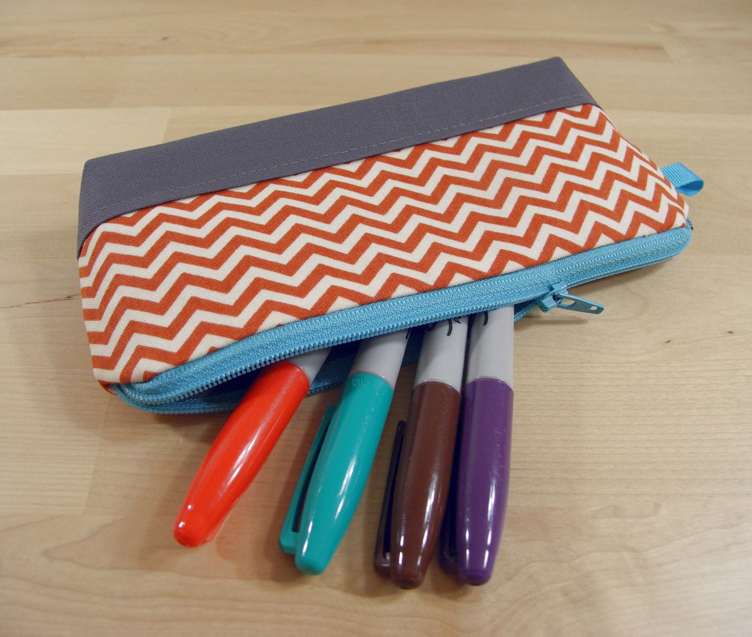 Pencil Case, Zipper Pouch, Small Cosmetic Bag in Small Orange Chevron