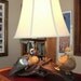 Duck Carving Lamp - Hand Carved Blue Wing Teal Table Lamp with a soft Linen Tone Shade on Mangrove Wood