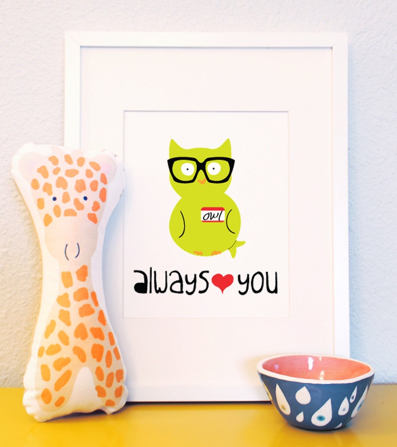 owl always love you hipster woodland owl in glasses nursery childrens art print 8x10 illustration green white red