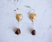 Tiger's Eye Earrings / Gold Kitty Dangle Earrings