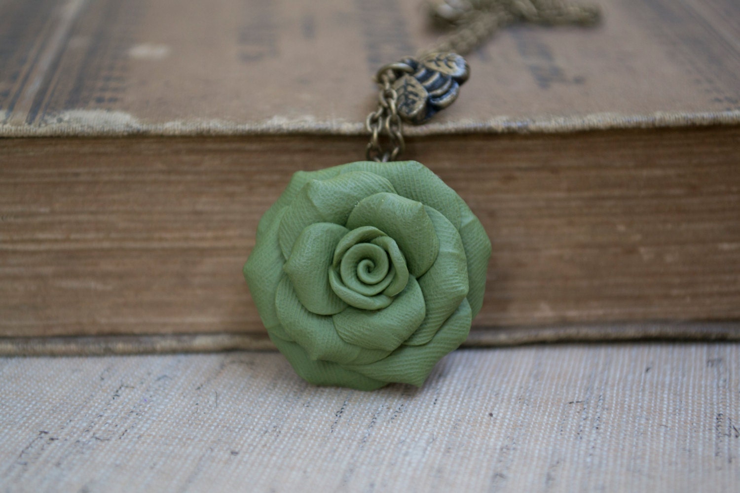 Polymer Clay Rose Necklace. Honey Bee Charm Necklace. Olive Green Flower Pendant. Antique Brass. Flower Jewelry. Handmade Jewelry