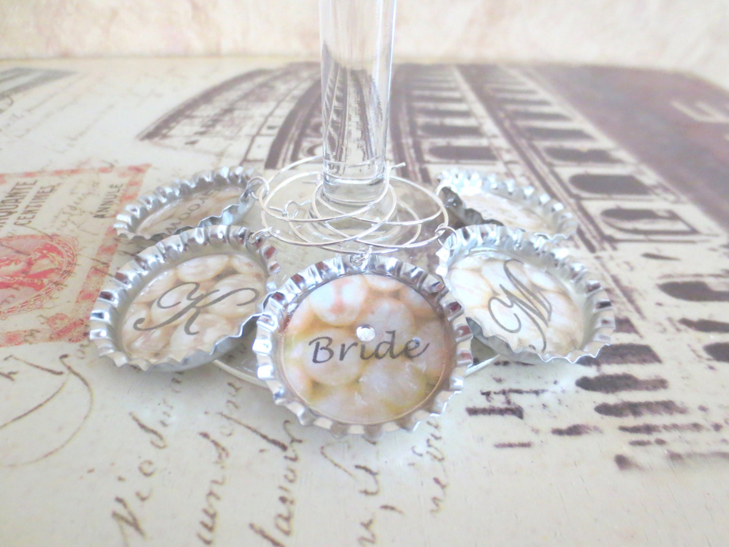 Wedding Bottlecap Wine Glass Charm - Set of 5 - Bride - Groom - Custom Letters