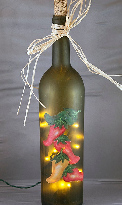 Lighted Wine Bottle Hand Painted Hot Chili Peppers Recycled Green Glass Frosted Glass Night Light Accent Lamp Mexican Decor Cinco De Mayo
