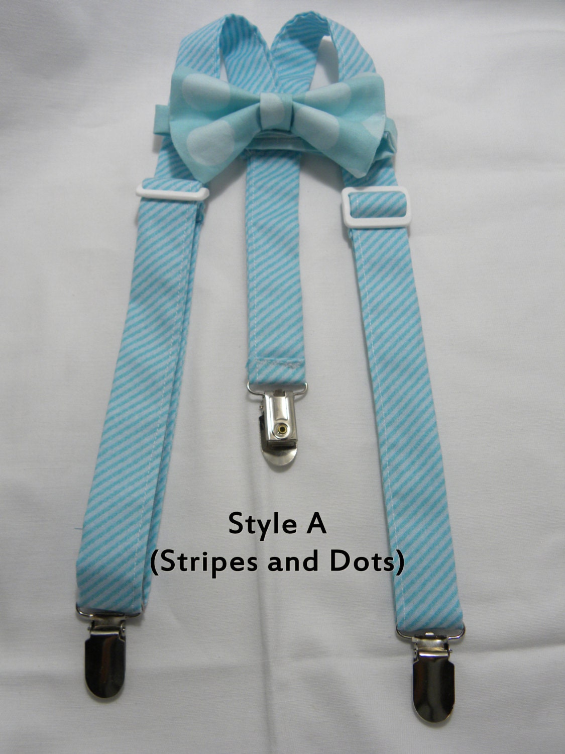 ON SALE-Aqua Blue Lil Boy Suspenders and Bow Tie Set - Sizes from newborn to 10 years - Dots or stripes pattern