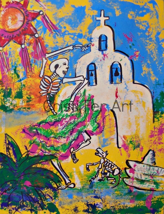 Modern Art shackleton dance at the old Mexican church Day of the Dead home decor Mixed Media original on paper