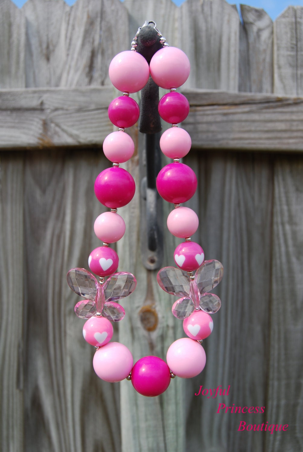 Hearts a Flutter Butterfly Chunky Beaded Necklace in Pink Featuring Butterflies and Hearts
