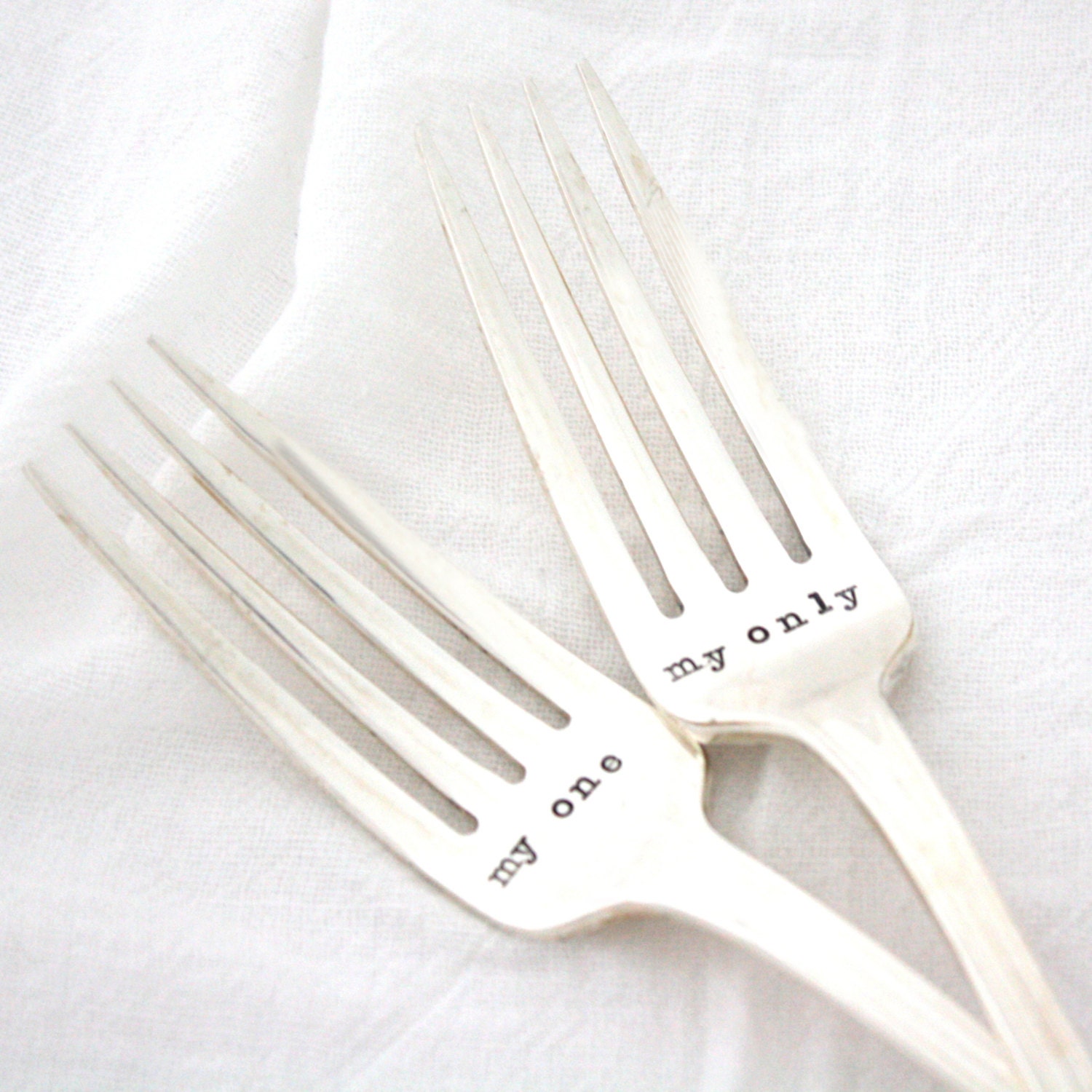My One, My Only. Table Setting, stamped wedding forks, for unique engagement gift or photo prop. By MilkandHoneyLuxuries