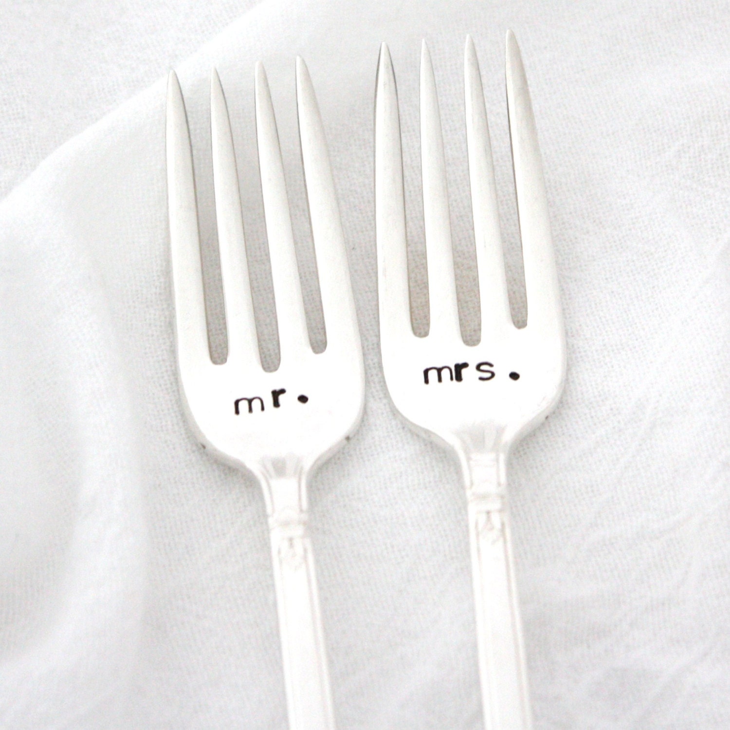 Table Setting: Mr and Mrs wedding forks. Hand stamped forks for engagement gift. By MIlk & Honey