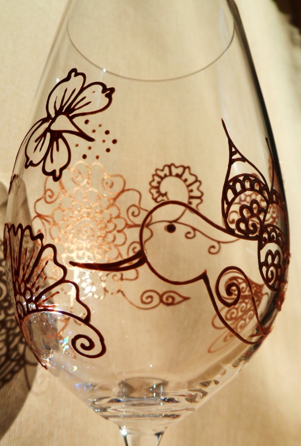 HUMMINGBIRD wine GLASS (2). Custom hand painted in Gold, copper or pewter with (optional) PERSONALIZATION. Symbolize Love, joy, beauty