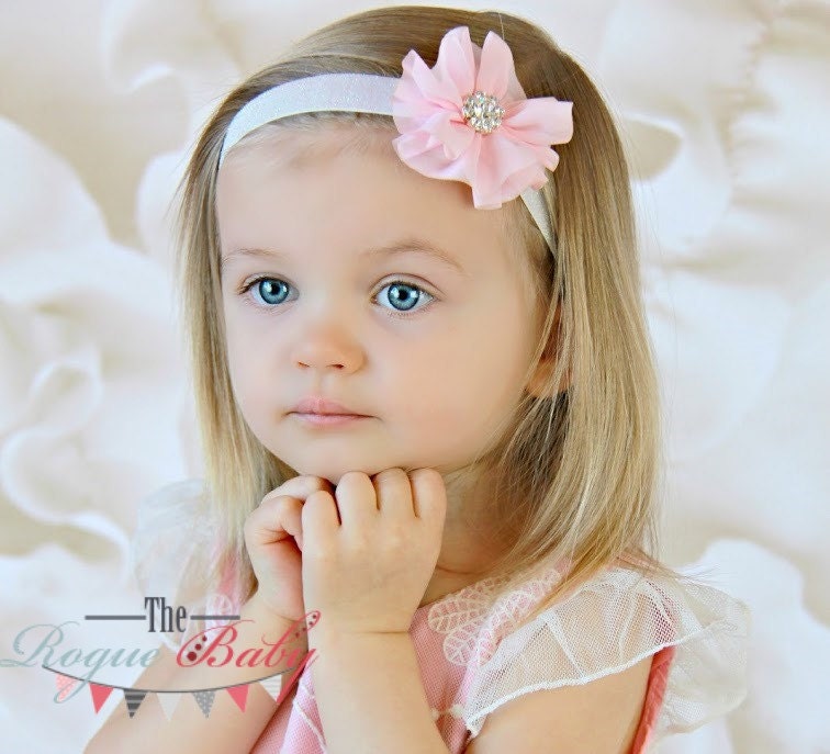 Light Pink Chiffon Flower & White Glitter Headband -  Photo Prop - Newborn Infant Baby Toddler Girls Adult Chiffon Flower
