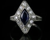 Art Deco 14k White Gold Diamond and Sapphire Engagement Ring / Marquise Cut 1920s / Halo