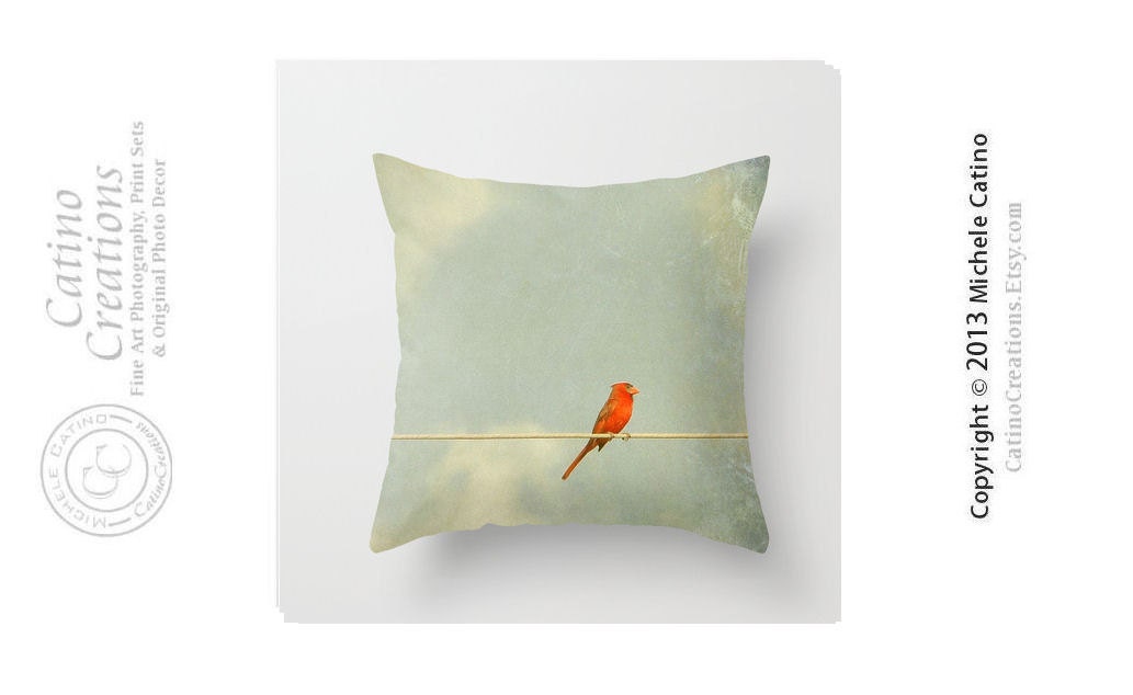 Cardinal on Wire Pillow Red Cardinal Pillow Cover Teal Sky Clouds Bird on Wire Throw Pillow Cover 16x16 - CatinoCreations
