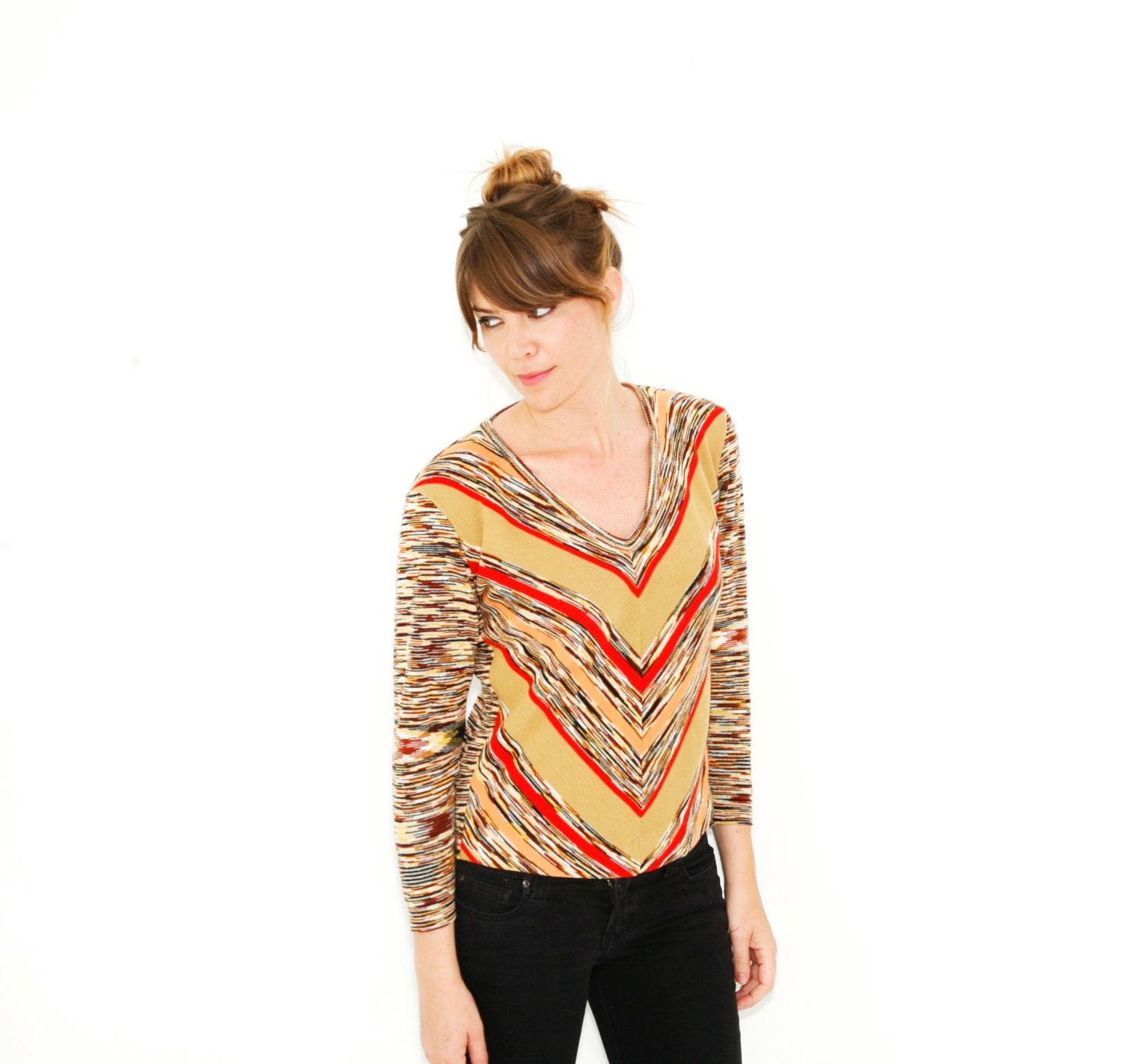 Vtg 70s Chevron Knit Top Missoni Inspired Brown Beige Red Coral  Sweater