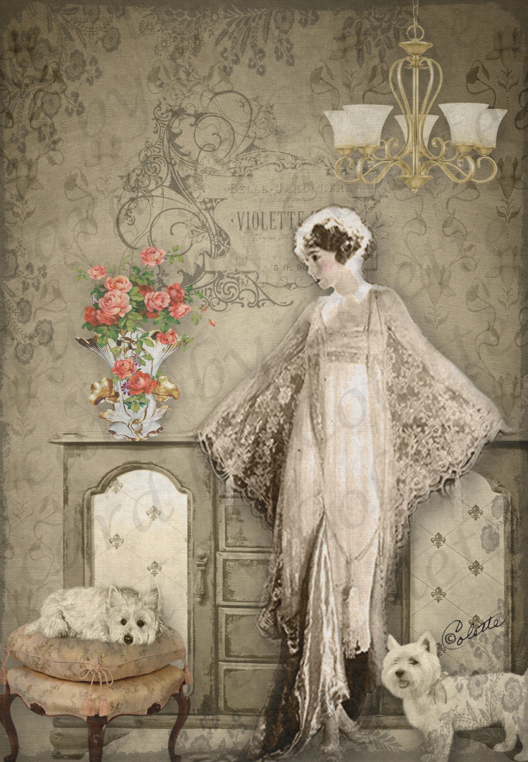 Violette and Her Pet Westies Digital Collage Greeting Card