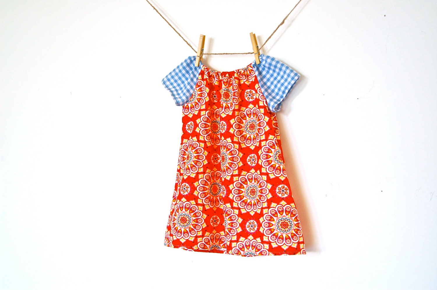 Girls Peasant Dress / 'Firecracker' /  Red and yellow bursts with blue gingham sleeves