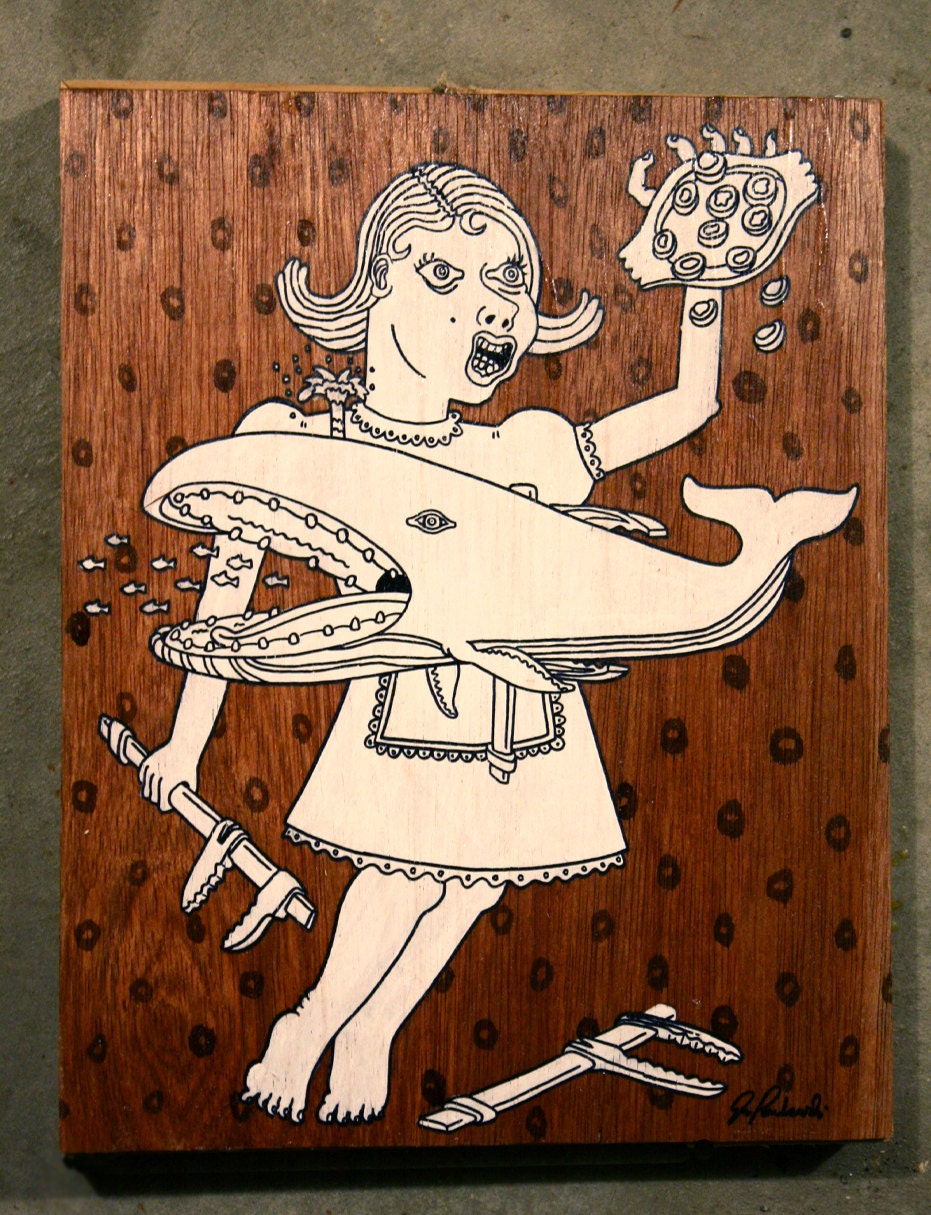 Deviled Eggs and Wood Clamped Whales Sometimes is the Only Way to Start Your Morning. Acrylic Painting on Wood Panel
