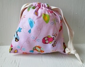 Pink Bird Owl Drawstring Bag, Reusable Gift Bag, Pouch, Makeup Case
