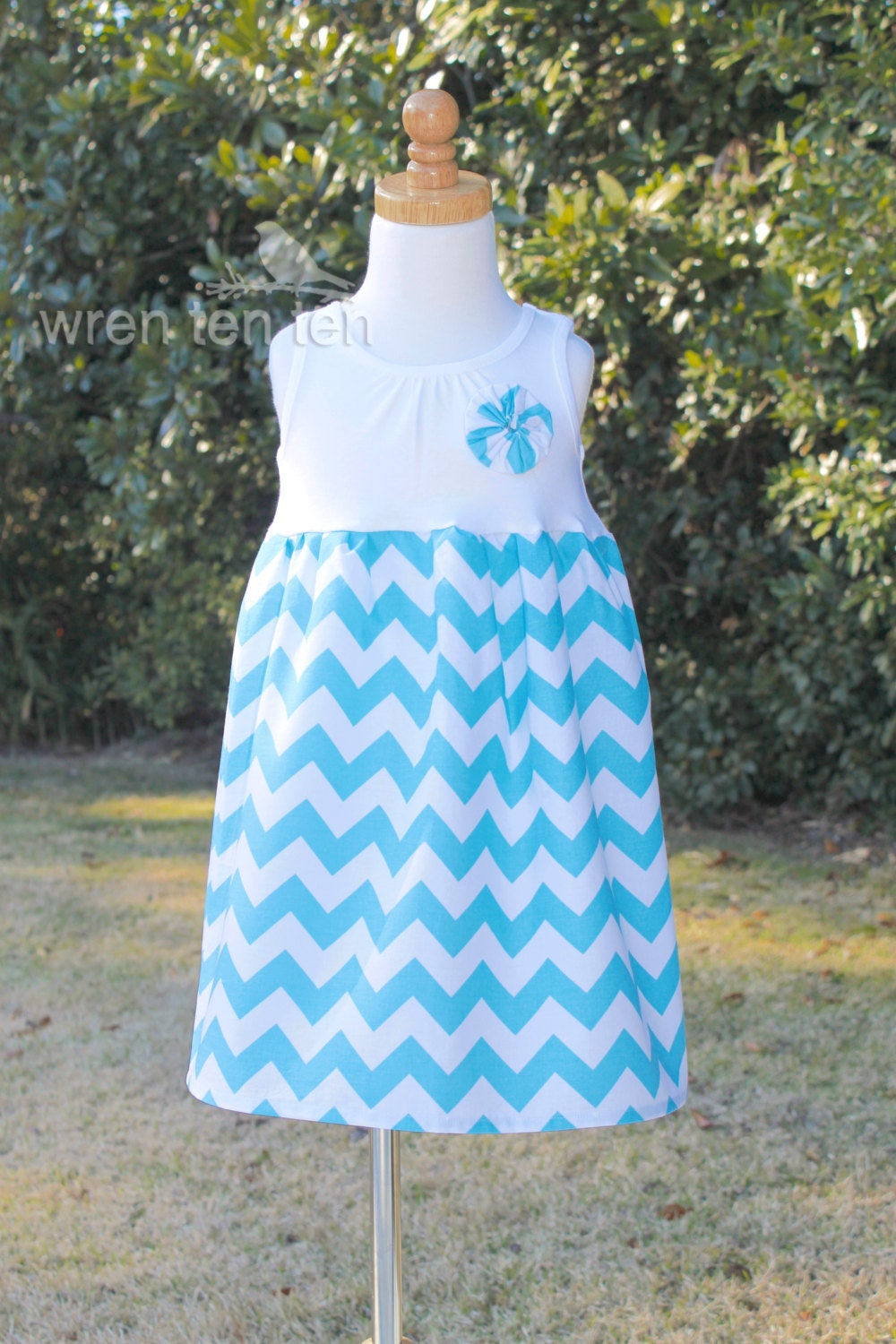 CHEVRON TANK DRESS with hand-sewn yo-yo - girls toddler baby - sizes 6m-6