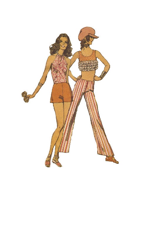 Retro 70s Simplicity Sewing Pattern Disco Go Go Halter Top Shorts Pants Belly Shirt Crop Top Hip Huggers Bell Bottom Pants Bust 32