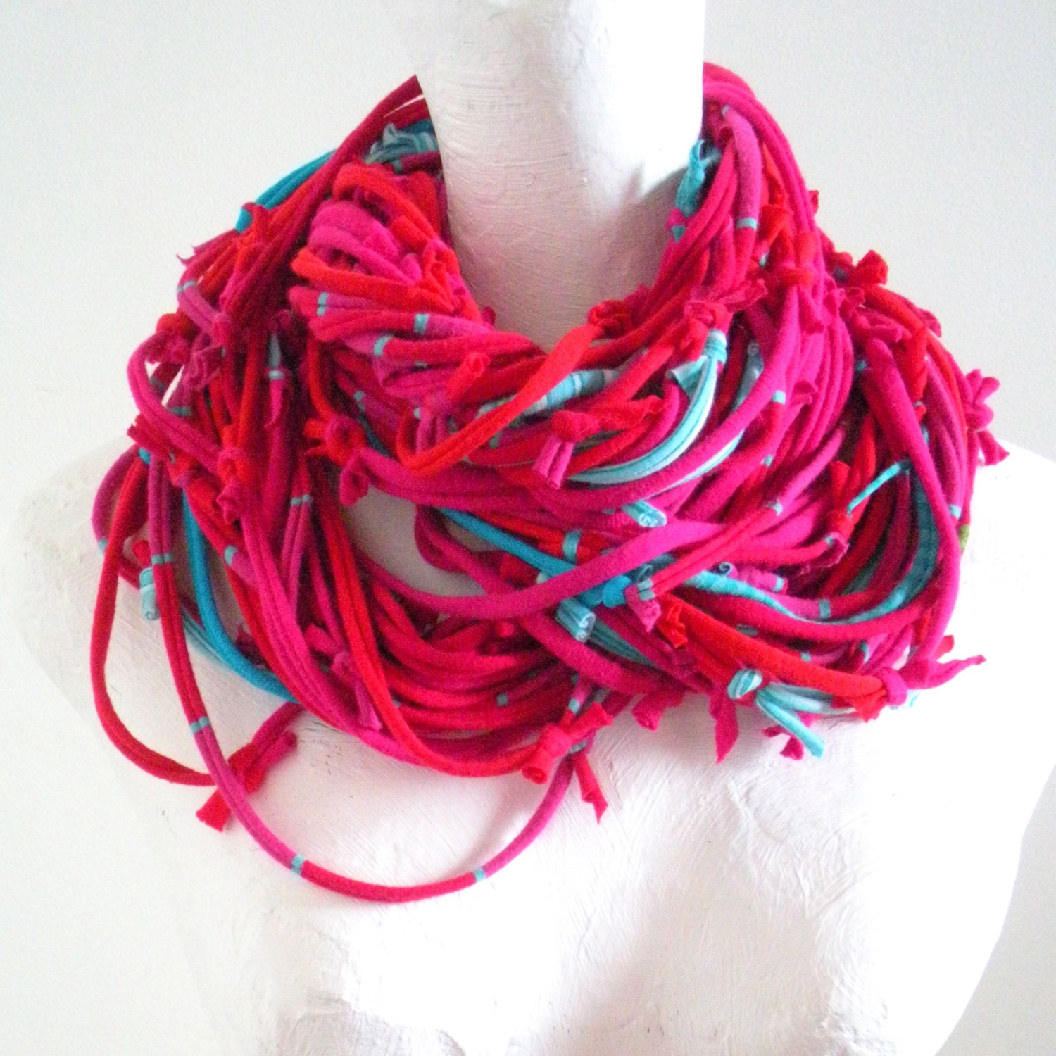 Vivacious Hot Pink Red Infinity Scarf Turquoise Accents Upcycled Circle Scarf Chunky Fall Fashion Cowl Scarf Bright Colors Knotty Bits - LovelySquid