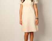 Vintage 60s flower child dress - white with pink lace overlay - empire waist - small S medium M