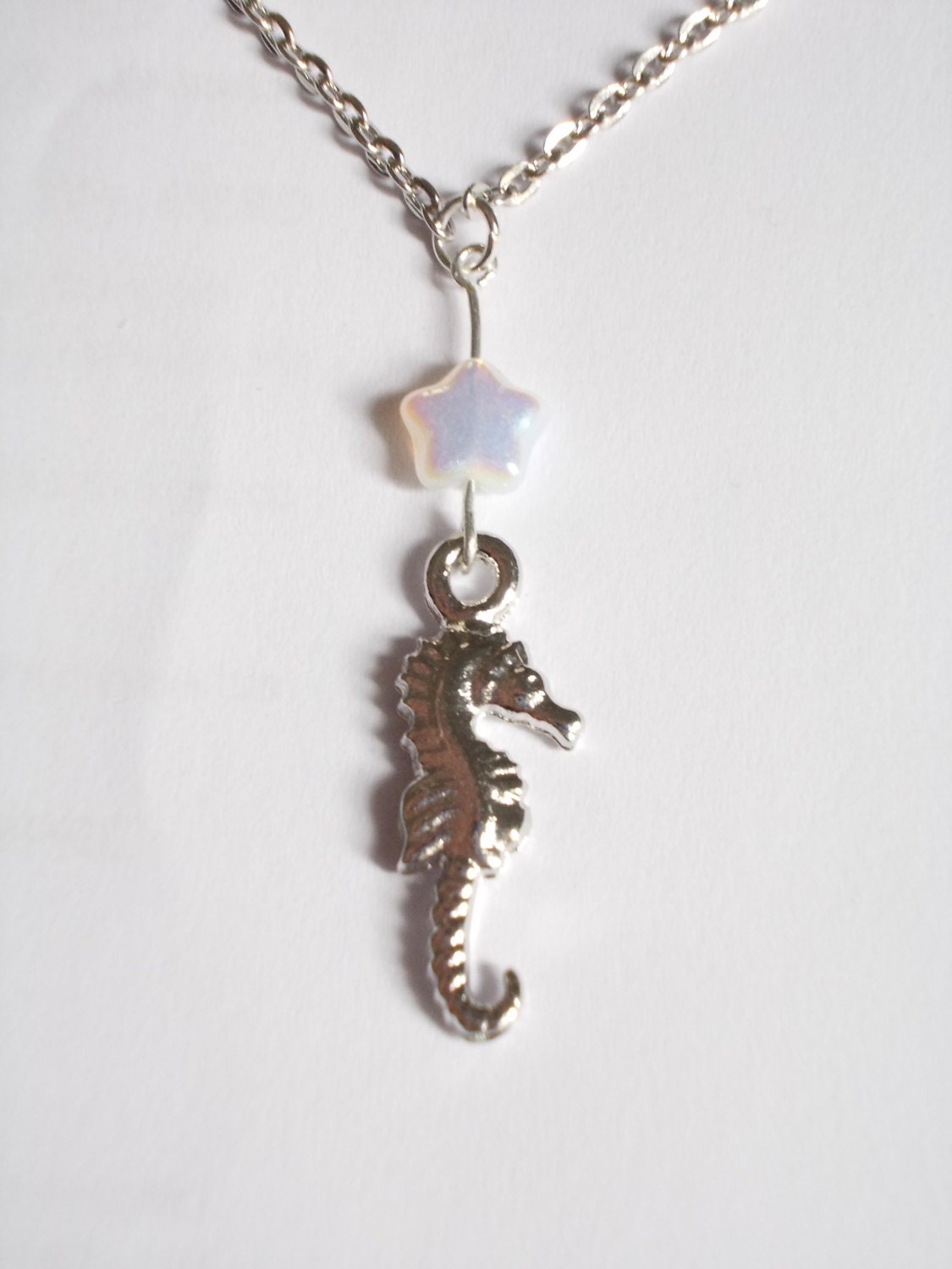 Seahorse tiny star necklace silver tone. Marine necklace. OOAK