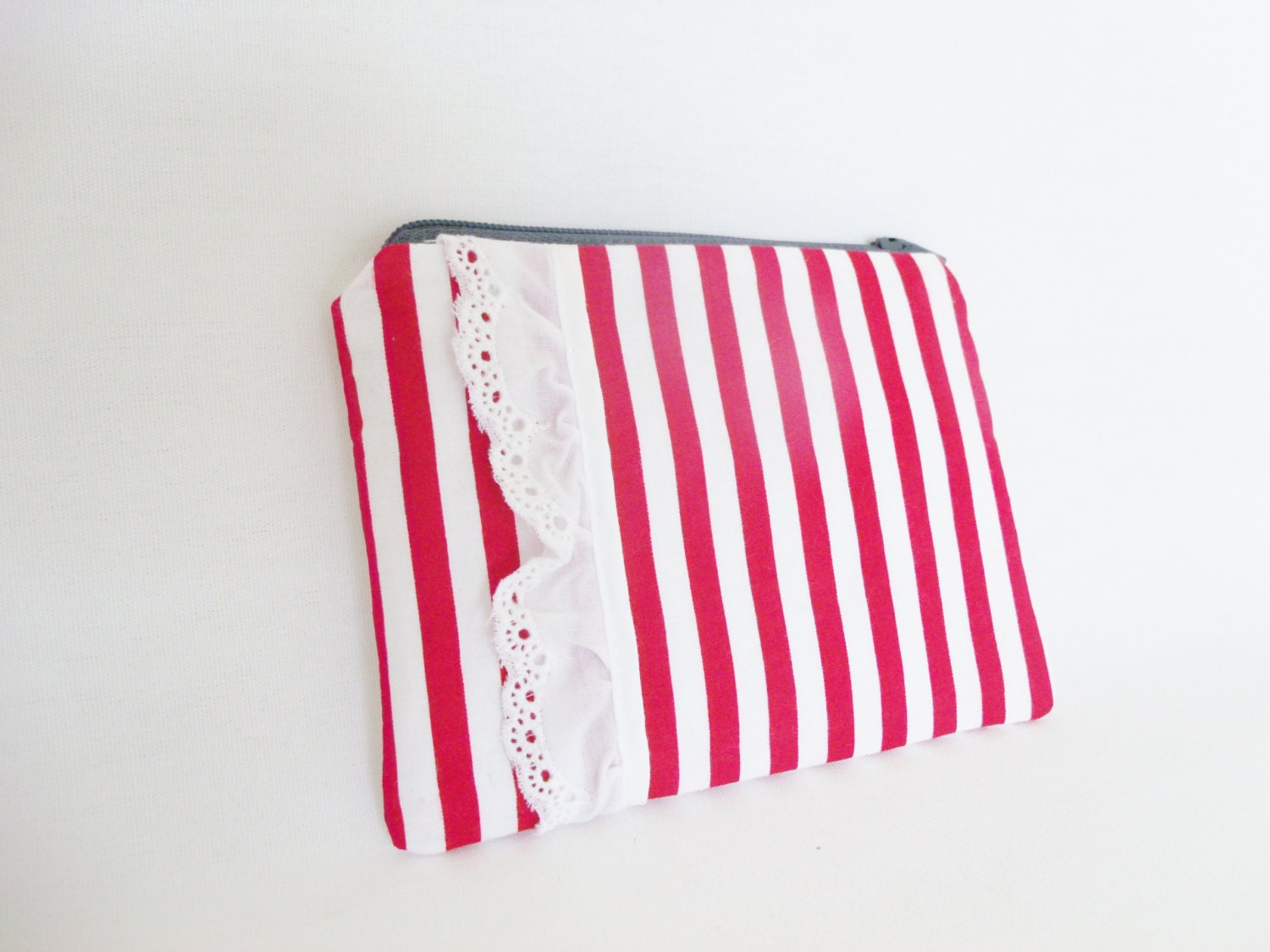Red Striped Zipper Pouch With White Eyelet Ruffle - Coin Purse - Makeup Bag