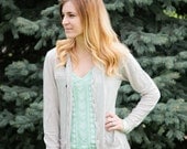 Women's Cardigan, Boyfriend Cardigan, Lightweight Button-Down Sweater, Grey/ White Stripes with Coral Cuffs