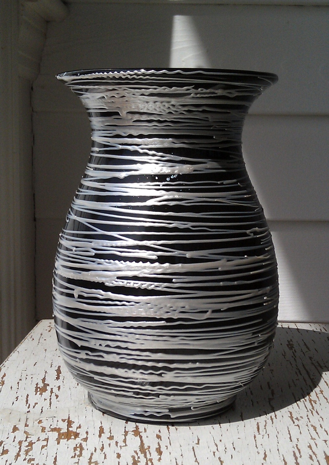 Decorative Large size Vase -- Black Vase, with Intricate Pearl Hand-Painted Swirl Around Design, Embossed design