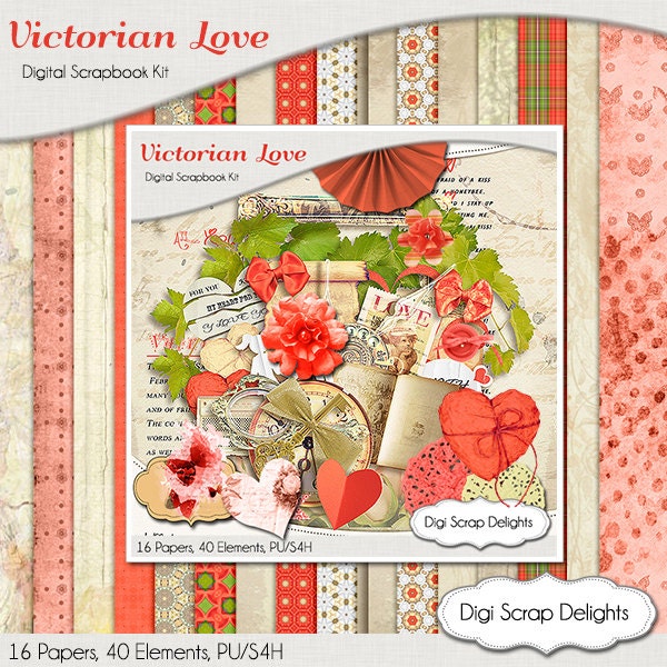 Victorian Love Digital Scrapbook Kit w Coral, Beige, Vintage Instant Download. Limited CU