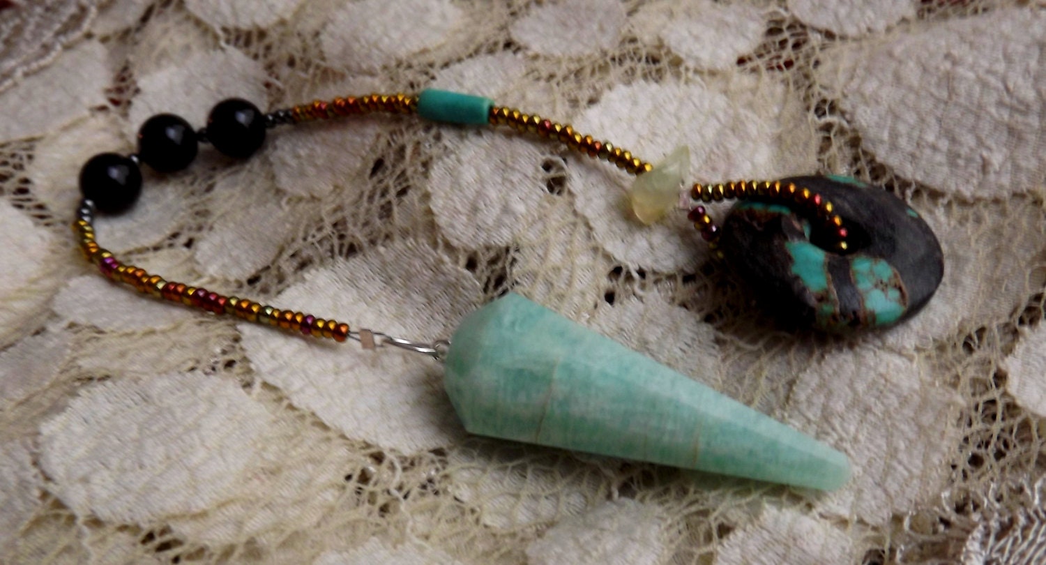 Amazonite pendulum w hematite, onyx, turquoise and phrenite