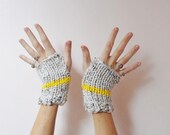 Knit Fingerless Mittens unisex fingerless gloves - oatmeal & yellow - teen winter fashion - wrist warmers - gift for her under 30