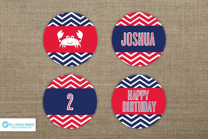Crab Birthday - Crab Cupcake Toppers - Nautical Birthday - Chevron - Printable Party - First Birthday - Beach Birthday Il_570xn