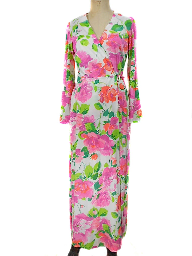 1970s Family Fashions by Avon Floral Dressing Gown - House Dress - Robe Loungewear Peignoir - Neon Flowers - Size Large